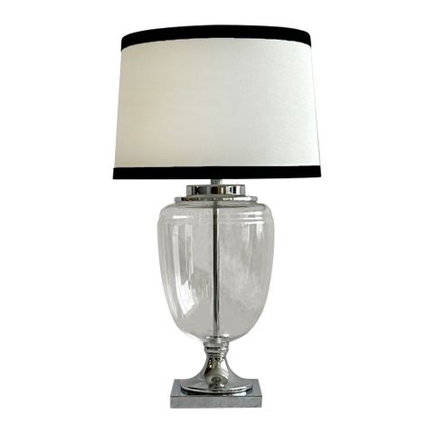 Charlotte Glass and Nickel Lamp with White Linen Shade (Black Trim)