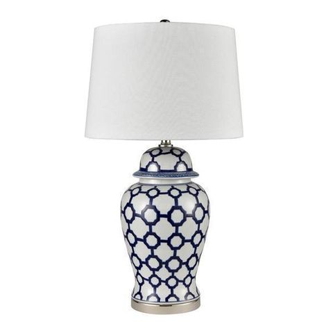 Lucca Blue & White Jar Shaped Lamp W/ Shade