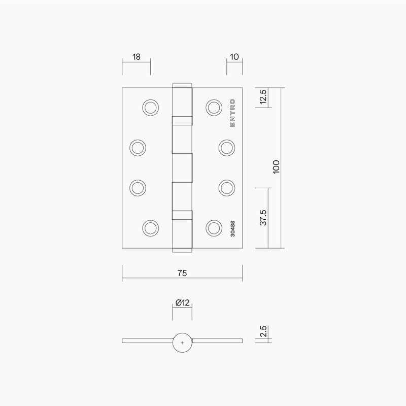 Ball Bearing Fixed Pin Hinge 100x75x2.5mm MBLK (incl CSK/UC Screws)