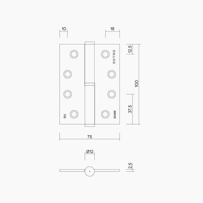 Lift Off Hinge Right Hand 100x75x2.5mm MBLK (Includes Screws)