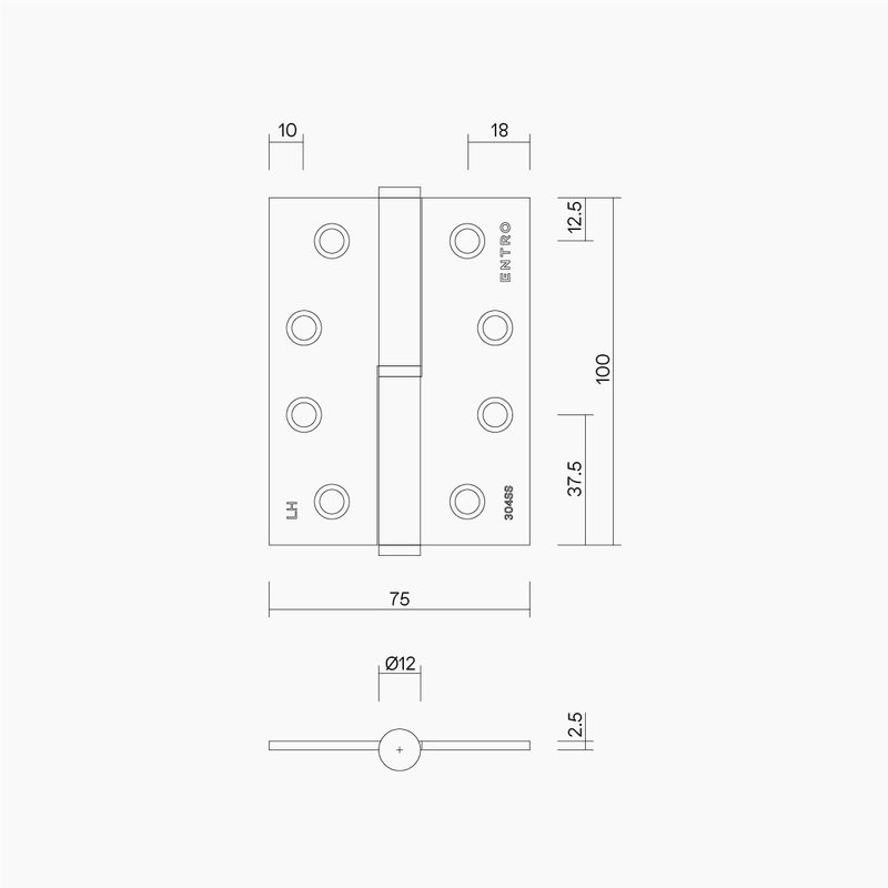 Lift Off Hinge Left Hand 100x75x2.5mm MBLK  (Includes Screws)