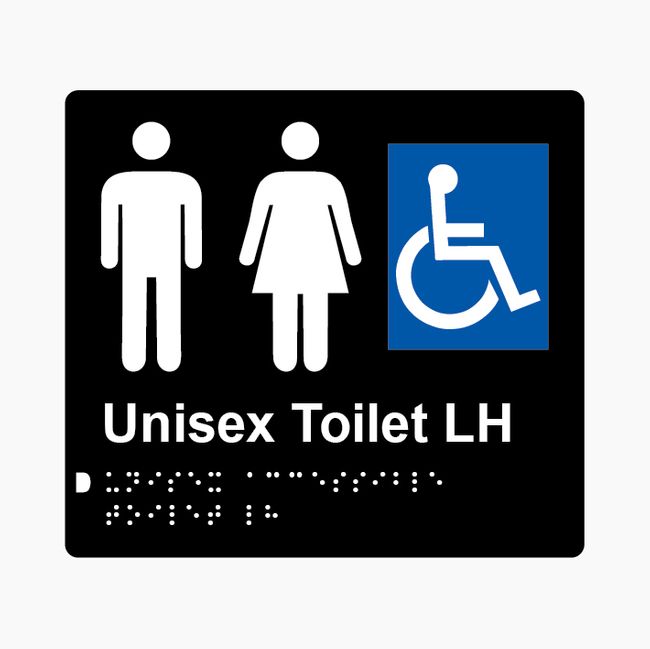Unisex Accessible Toilet LH Braille Sign 200x180mm BLK