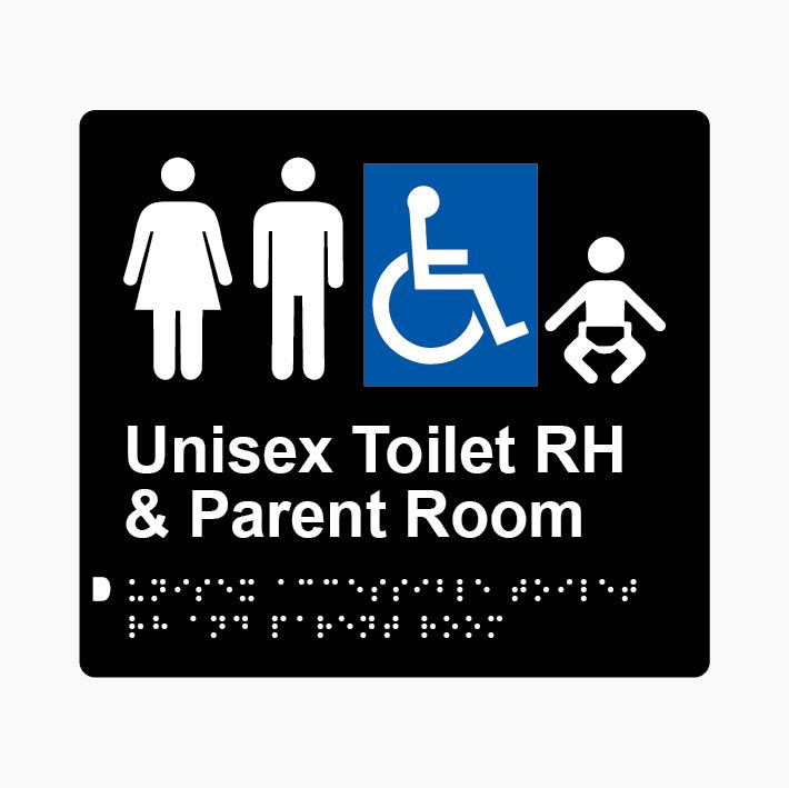 Unisex Accessible Toilet RH & Parent Room Braille Sign 200x180mm BLK