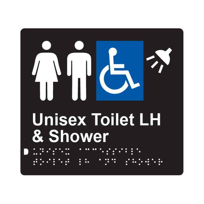 Unisex Accessible Toilet LH & Shower Braille Sign 200x180mm BLK