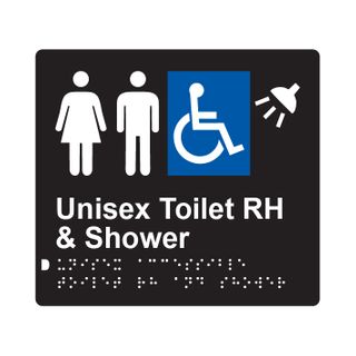 Unisex Accessible Toilet RH & Shower Braille Sign 200x180mm BLK