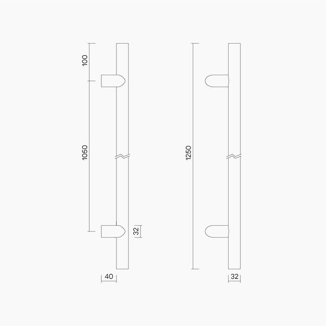 Round Section Offset H-Pull BTB Handle 32 x 1050 CTC x 1250 OA WHITE OAK