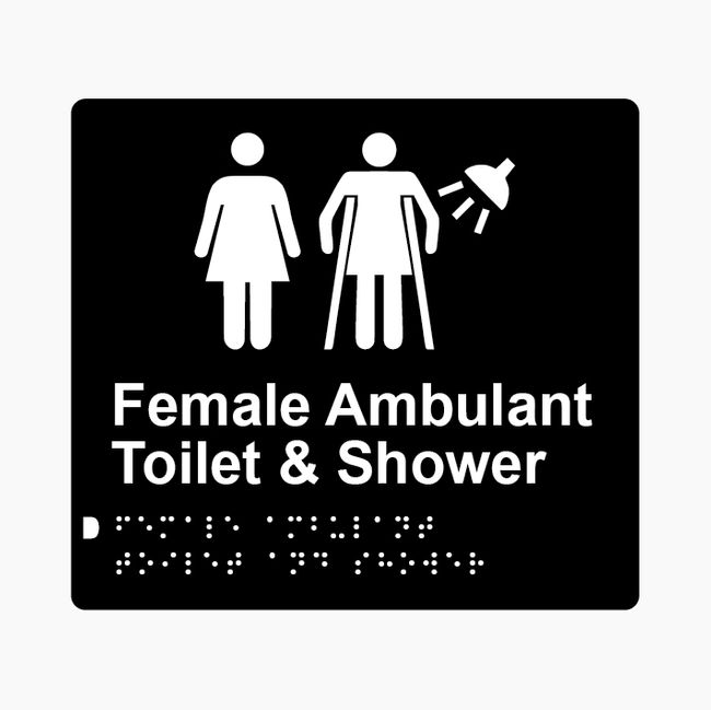 Female Ambulant Toilet & Shower Braille Sign 200x180mm BLK #