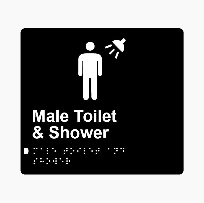 Male Toilet & Shower Braille Sign 200x180mm BLK #