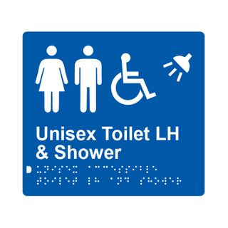 Unisex Accessible Toilet LH & Shower Braille Sign 200x180mm BLU