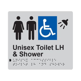 Unisex Accessible Toilet LH & Shower Braille Sign 200x180mm SLV