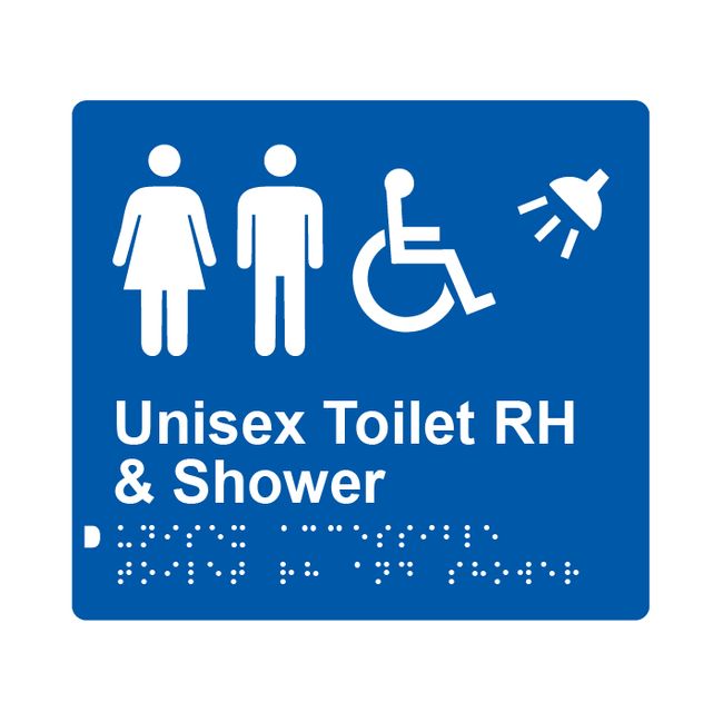 Unisex Accessible Toilet RH & Shower Braille Sign 200x180mm BLU
