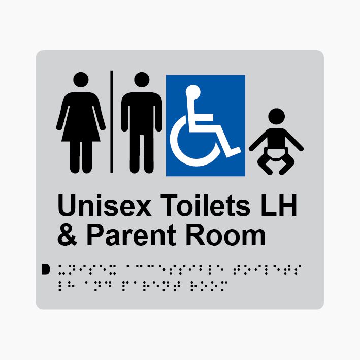 Unisex Accessible Toilets LH & Parent Room (Airlock) Braille Sign 200x180mm SLV #