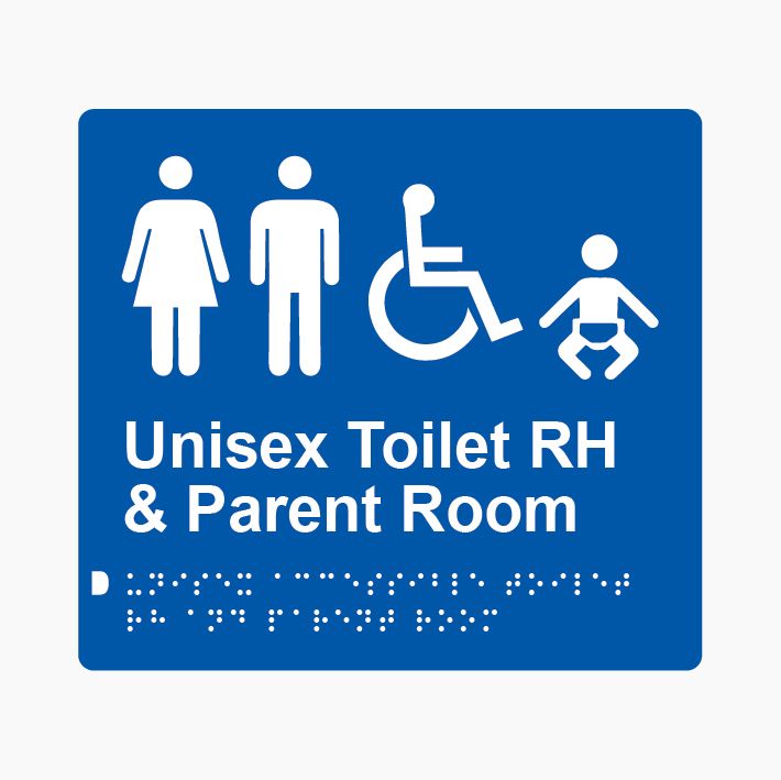 Unisex Accessible Toilet RH & Parent Room Braille Sign 200x180mm BLU