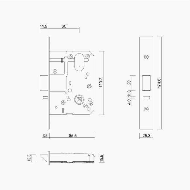 Multifunction Mortice Lock 60mm Backset BLK