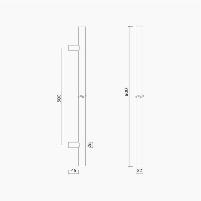 Round Section H-Pull BTB Handle 32 x 600 CTC x 800 OA SSS