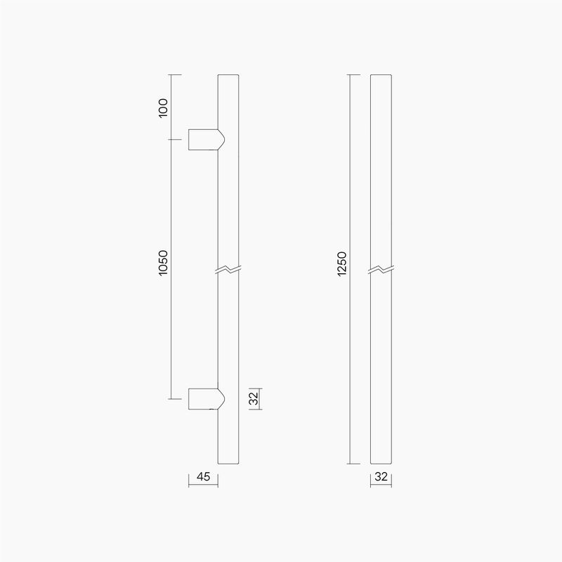 Round Section H-Pull BTB Handle 32 x 1050 CTC x 1250 OA SSS