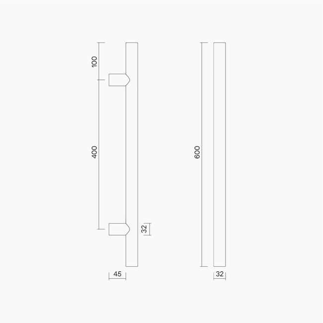 Round Section H-Pull BTB Handle 32 x 400 CTC x 600 OA SSS