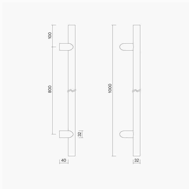 Round Section Offset H-Pull BTB Handle 32 x 800 CTC x 1000 OA SSS