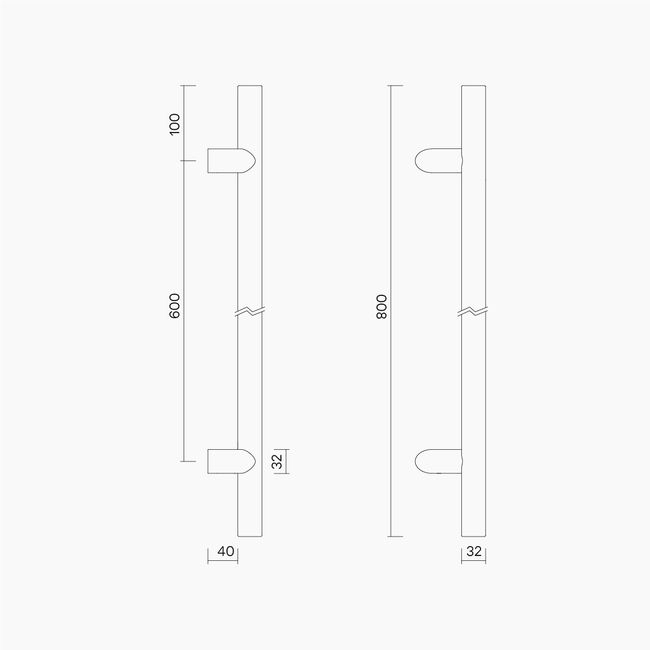 Round Section Offset H-Pull BTB Handle 32 x 600 CTC x 800 OA SSS