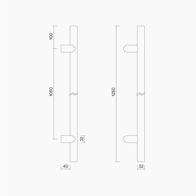 Round Section Offset H-Pull BTB Handle 32 x 1050 CTC x 1250 OA SSS