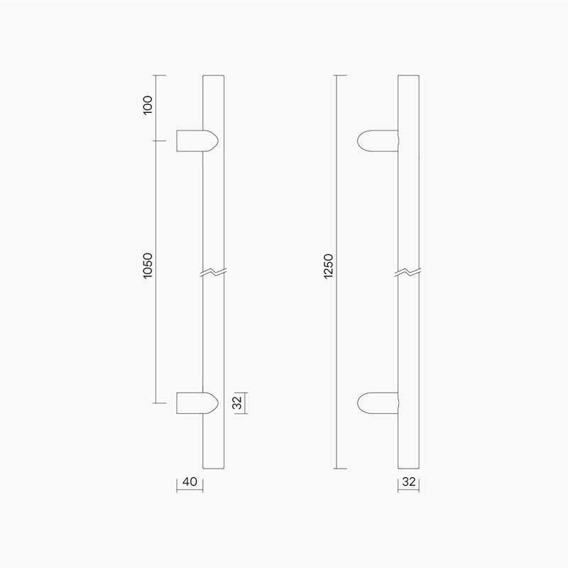 Round Section Offset H-Pull BTB Handle 32 x 1050 CTC x 1250 OA SSS