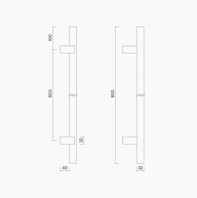 Round Section Offset H-Pull BTB Handle 32 x 600 CTC x 800 OA WHITE OAK