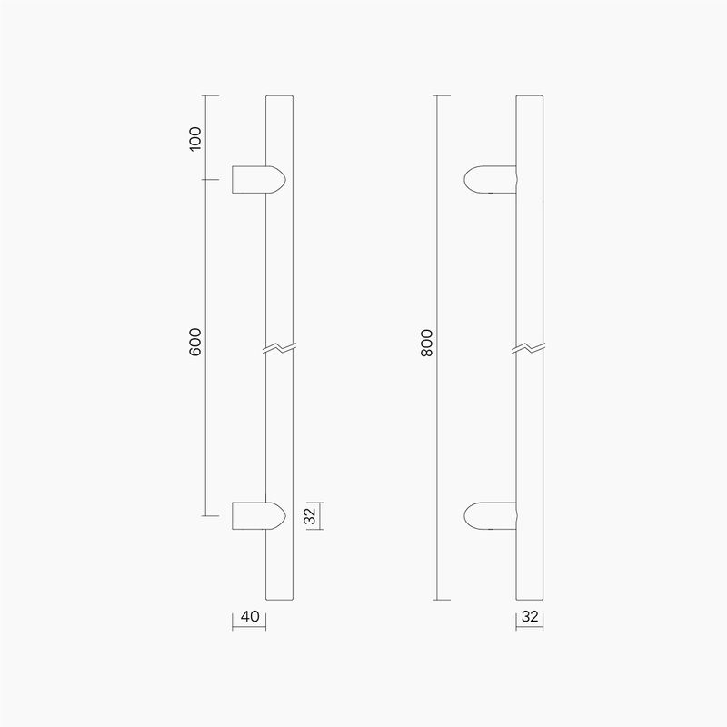 Round Section Offset H-Pull BTB Handle 32 x 600 CTC x 800 OA WHITE OAK