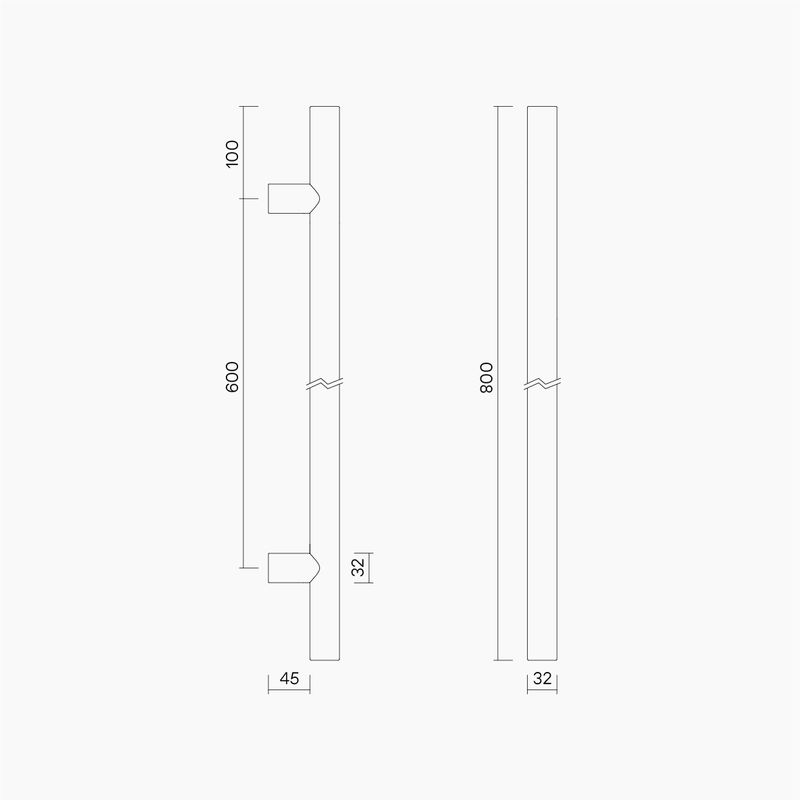 Round Section H-Pull BTB Handle 32 x 600 CTC x 800 OA WHITE OAK