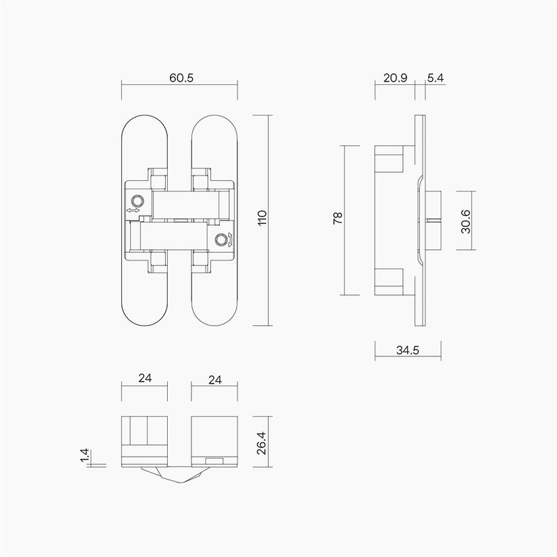 Concealed Hinge 110x24mm 60kg SIL