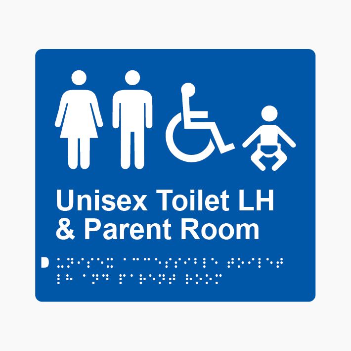 Unisex Accessible Toilet LH & Parent Room Braille Sign 200x180mm BLU