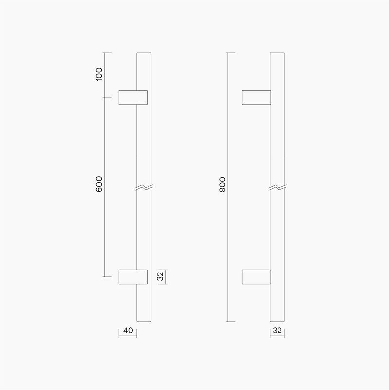 Round Section Offset H-Pull BTB Handle 32 x 600 CTC x 800 OA SSS