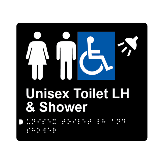 L1043 Unisex Accessible Toilet LH & Shower Braille Sign 200x180mm