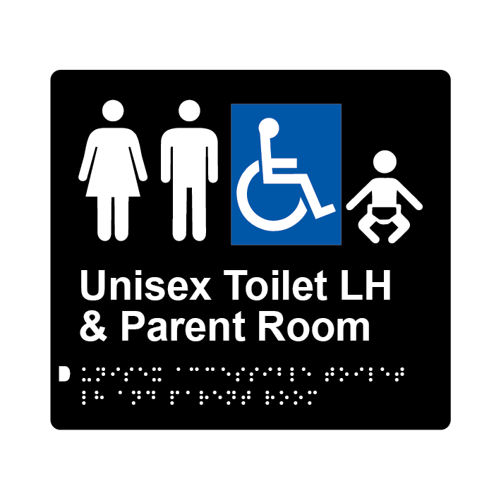 L1032 Unisex Accessible Toilet LH & Parent Room Braille Sign 200x180mm