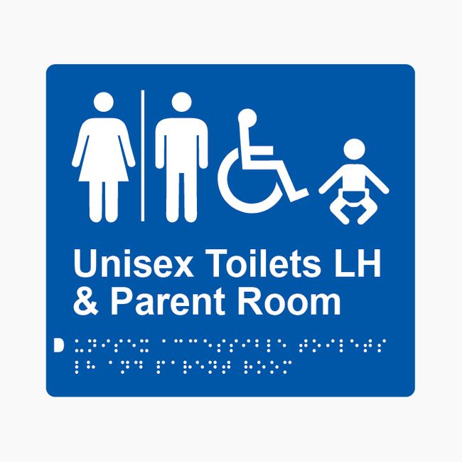 Unisex Accessible Toilets LH & Parent Room (Airlock) Braille Sign 200x180mm BLU #