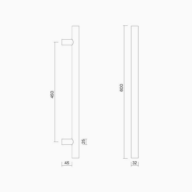 Round Section H-Pull BTB Handle 32 x 450 CTC x 600 OA SSS