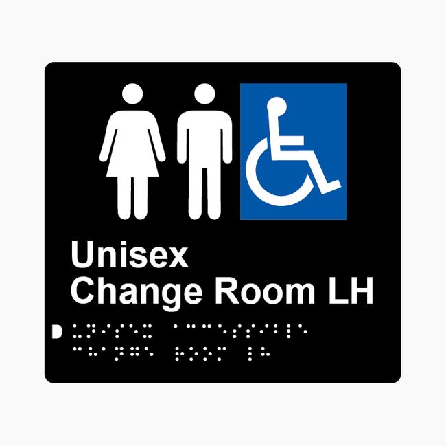 Unisex Accessible Change Room LH Braille Sign 200x180mm BLK #