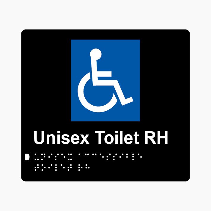 Unisex Toilet RH Braille Sign 200x180mm BLK #