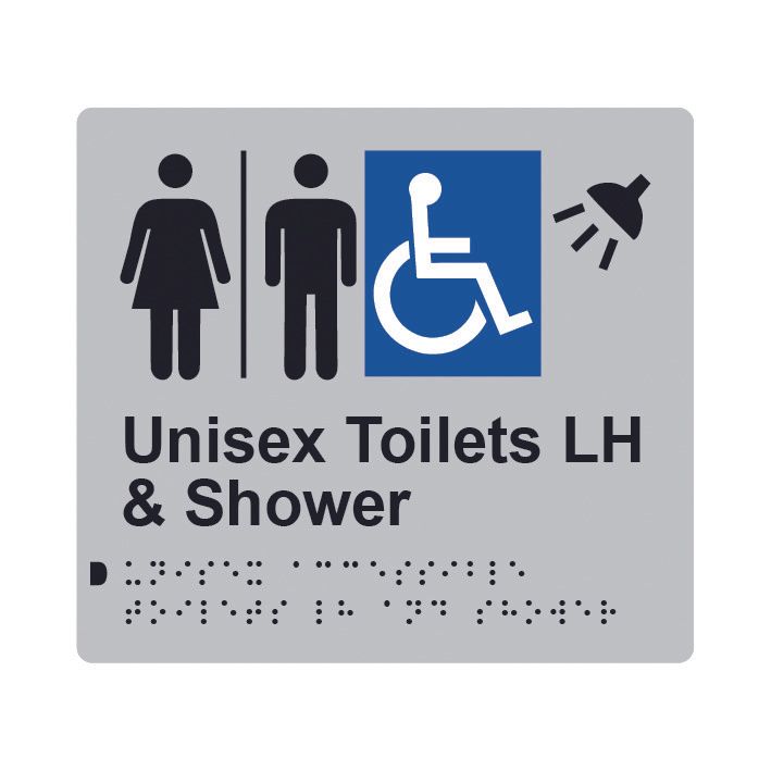 Unisex Accessible Toilets LH & Shower (Airlock) Braille Sign 200x180mm SLV #