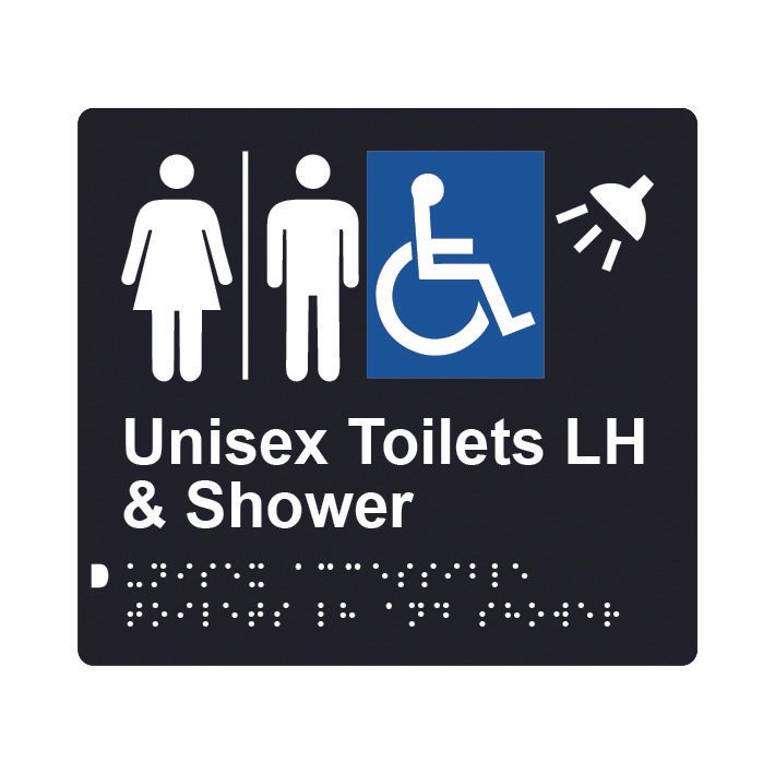 Unisex Accessible Toilets LH & Shower (Airlock) Braille Sign 200x180mm BLK #