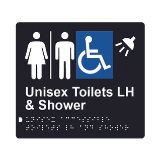 Unisex Accessible Toilets LH & Shower (Airlock) Braille Sign 200x180mm BLK #