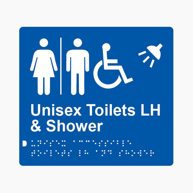 Unisex Accessible Toilets LH & Shower (Airlock) Braille Sign 200x180mm BLU #