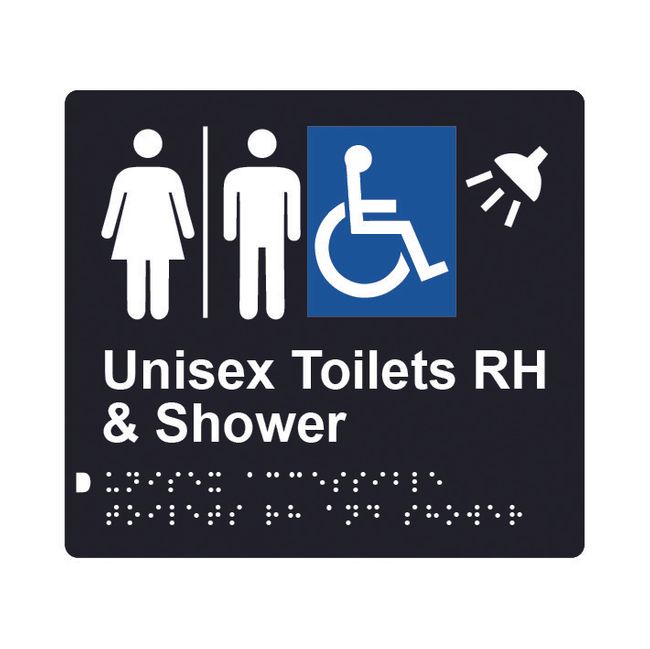 Unisex Accessible Toilets RH & Shower (Airlock) Braille Sign 200x180mm BLK #