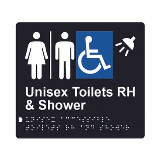 Unisex Accessible Toilets RH & Shower (Airlock) Braille Sign 200x180mm BLK #