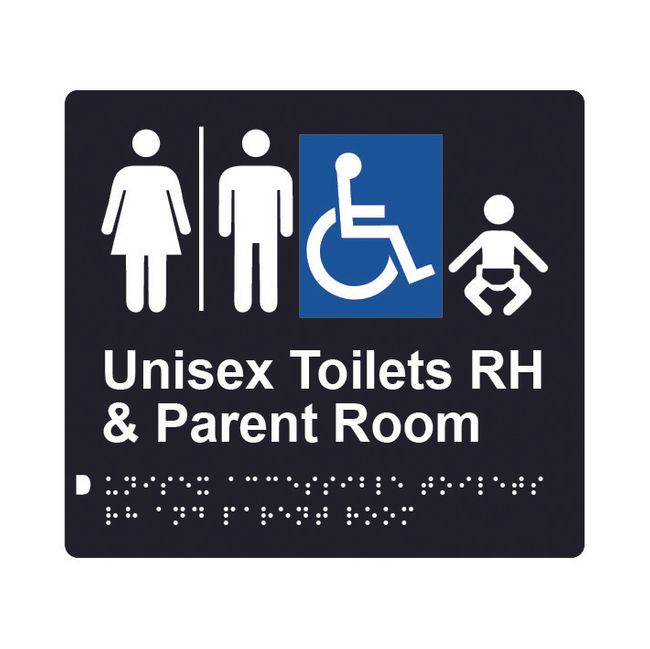 Unisex Accessible Toilets RH & Parent Room (Airlock) Braille Sign 200x180mm BLK #