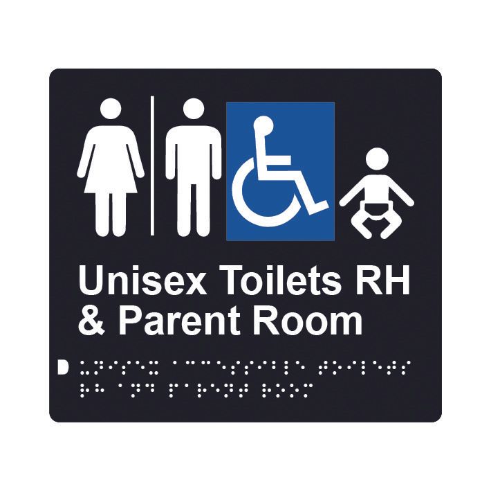 Unisex Accessible Toilets RH & Parent Room (Airlock) Braille Sign 200x180mm BLK #