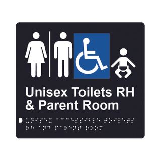 Unisex Accessible Toilets RH & Parent Room (Airlock) Braille Sign 200x180mm BLK #