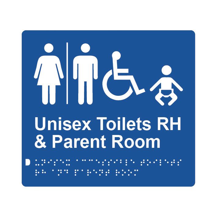 Unisex Accessible Toilets RH & Parent Room (Airlock) Braille Sign 200x180mm BLU #