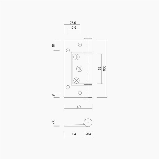 Aluminium Fast Fix Tapered Hinge 100x68x2.6mm BLK