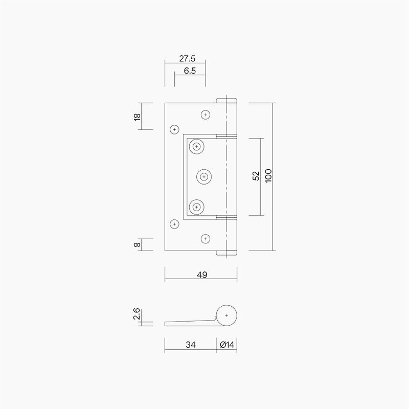 Aluminium Fast Fix Tapered Hinge 100x68x2.6mm BLK