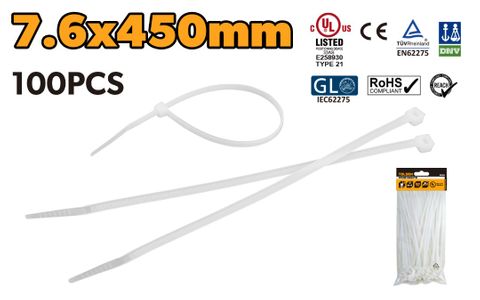 CABLE TIE WHITE 7.6 X 450MM NYLON